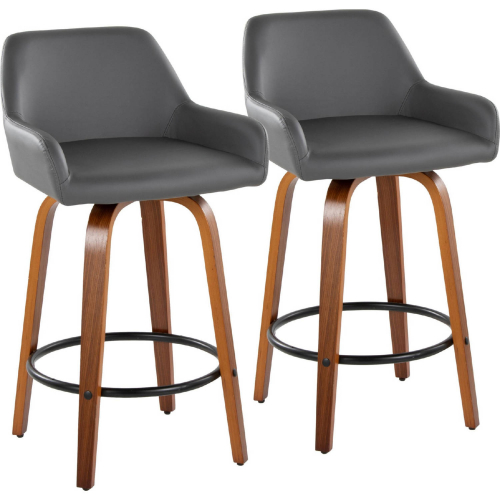 Daniella 26" Swivel Counter Stool in Walnut Wood & Grey Leatherette with Black Footrest (Set of 2)